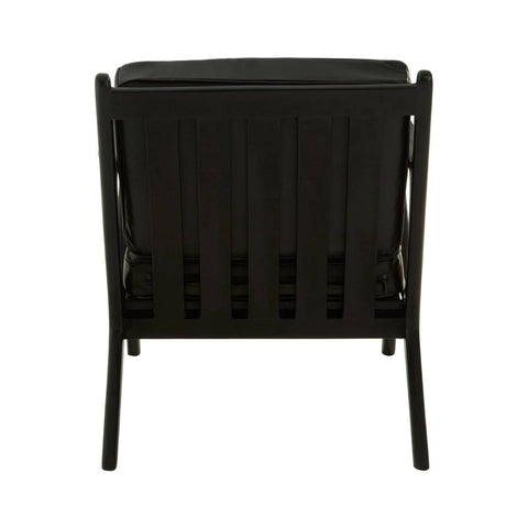 Black leather armchair with a teak wood frame, showcasing a minimalist design. The backrest features vertical slats, and the chair has a sturdy, open structure. The overall aesthetic is modern and elegant, suitable for various interior styles