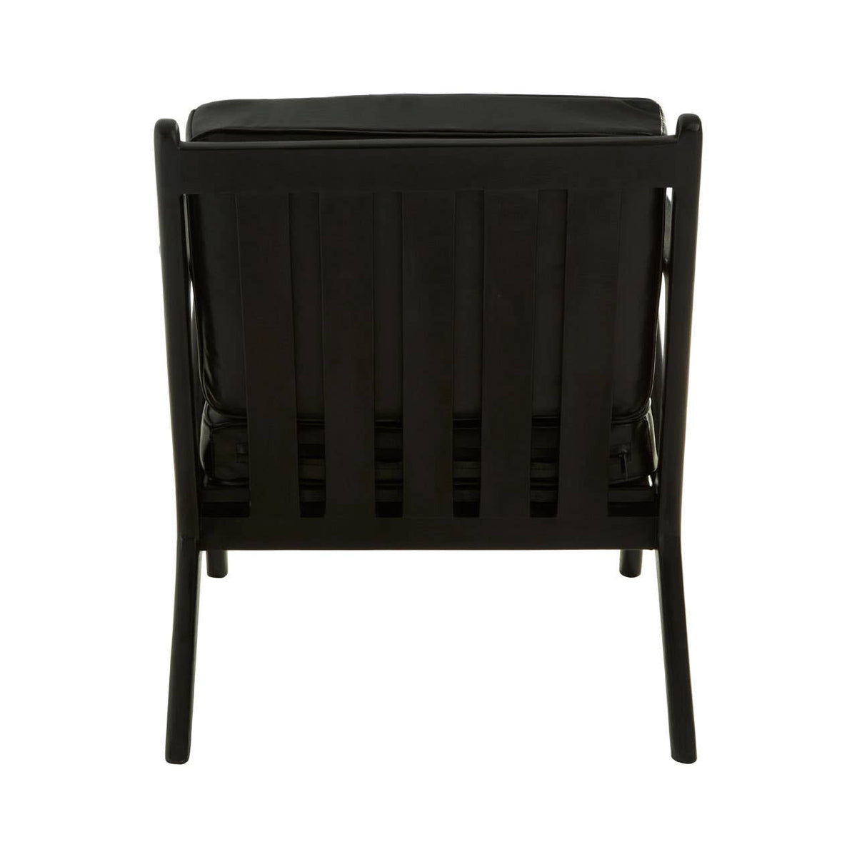 Black leather armchair with a teak wood frame, showcasing a minimalist design. The backrest features vertical slats, and the chair has a sturdy, open structure. The overall aesthetic is modern and elegant, suitable for various interior styles