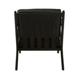 Black leather armchair with a teak wood frame, showcasing a minimalist design. The backrest features vertical slats, and the chair has a sturdy, open structure. The overall aesthetic is modern and elegant, suitable for various interior styles