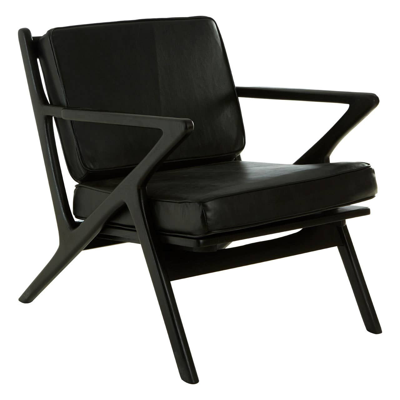 A modern armchair featuring a sleek black leather seat and backrest, supported by a geometric teak wood frame with angular armrests and legs, showcasing a minimalist design