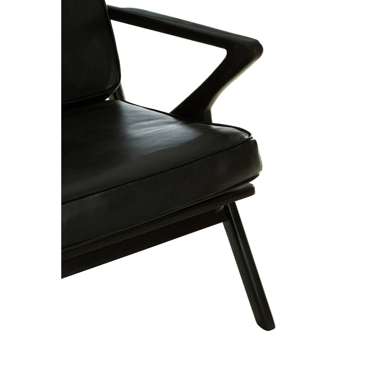 Black leather armchair with a sleek teak wood frame, featuring a modern design and angled armrests. The chair has a low profile and sturdy legs, showcasing a combination of materials for a contemporary look
