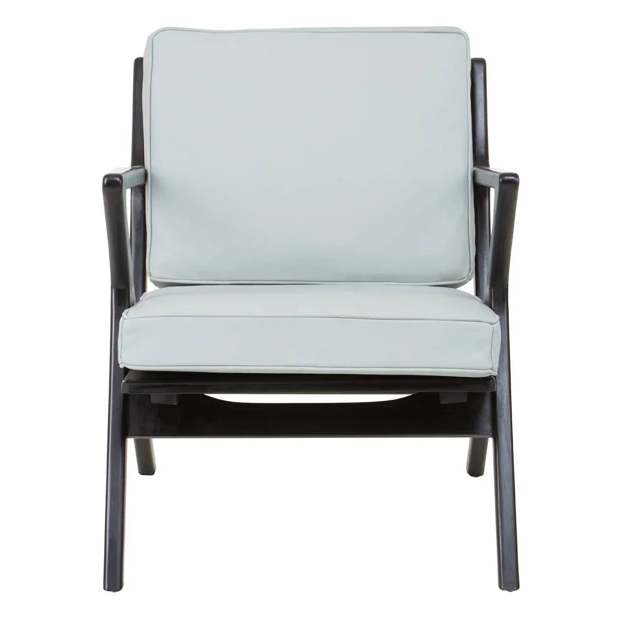 Modern accent chair with light grey cushions and black wooden frame, front view
