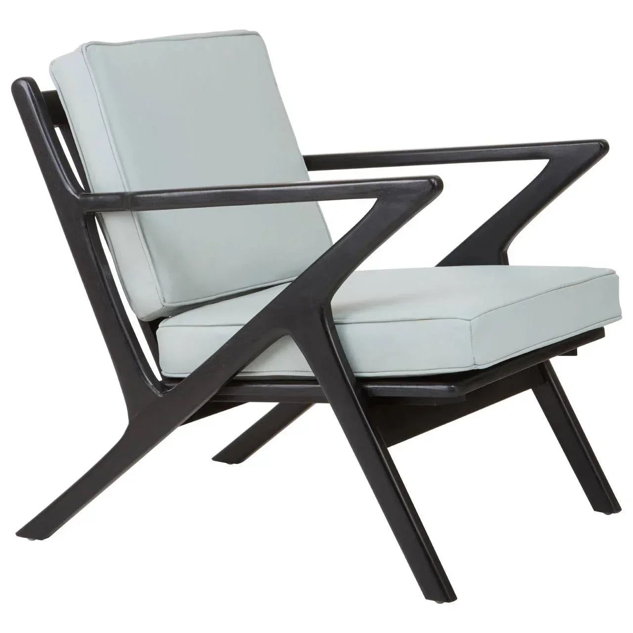 Modern accent chair with black wooden frame and light grey cushions, side angle view