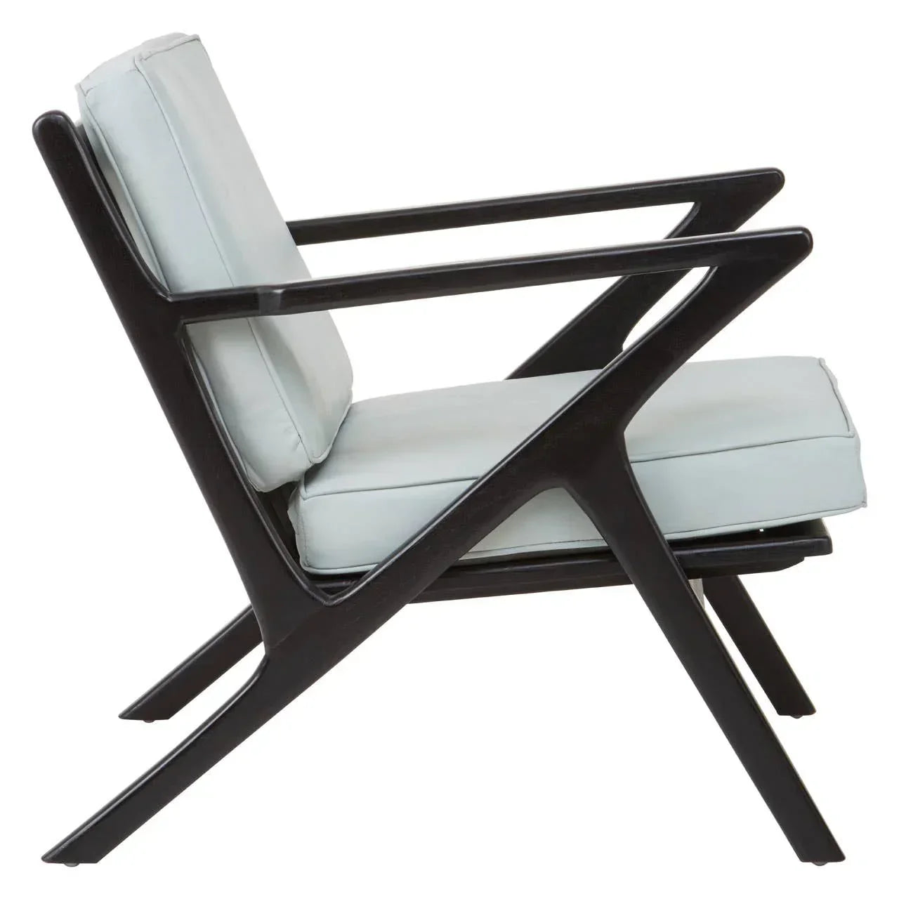 Modern accent chair with light grey cushions and angled dark wooden frame side view