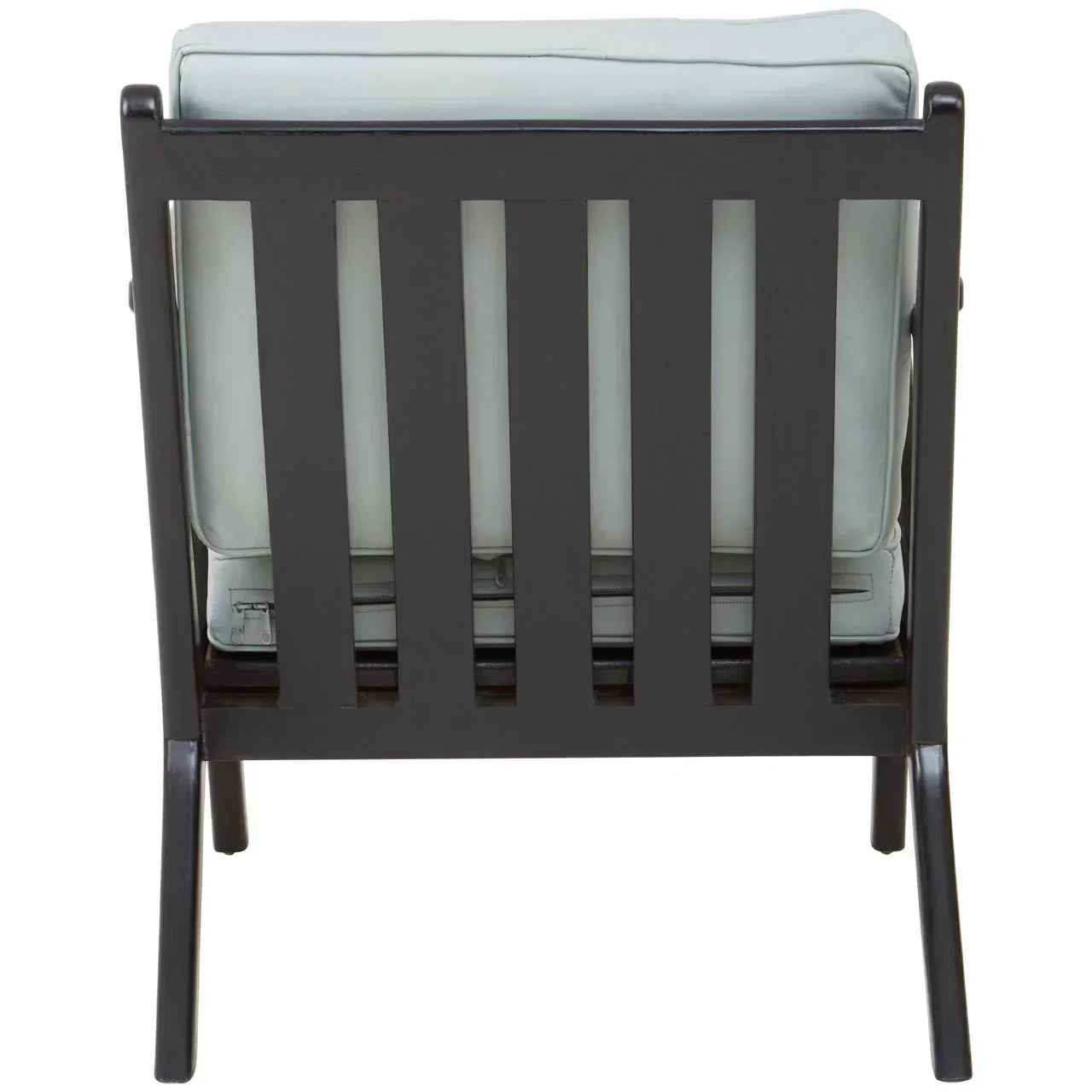 Black garden armchair with slatted metal back and light grey cushion, rear angle