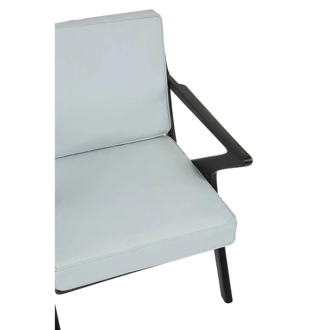 Light grey armchair with padded seat and backrest, black wooden frame and angled armrest