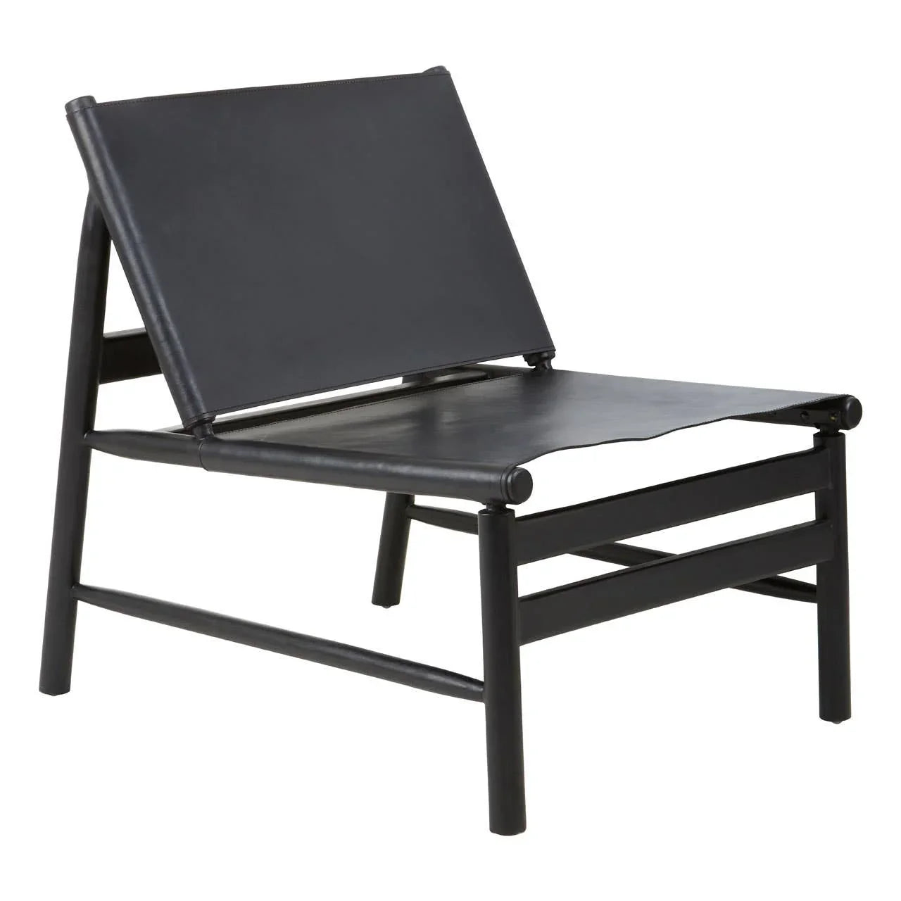 Black leather lounge chair with angular frame and low seat, front side view
