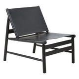 Black leather lounge chair with angular frame and low seat, front side view