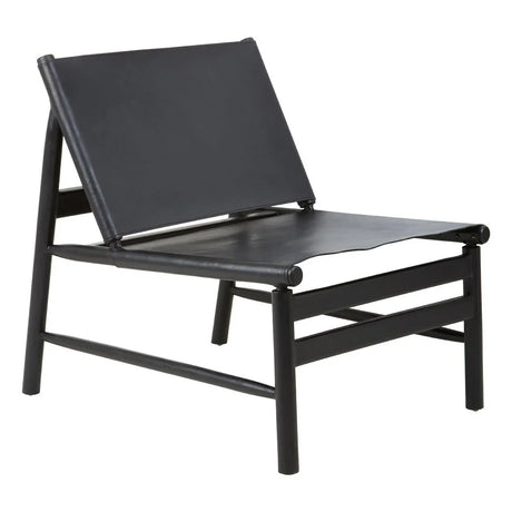 Black leather lounge chair with angular frame and low seat, front side view
