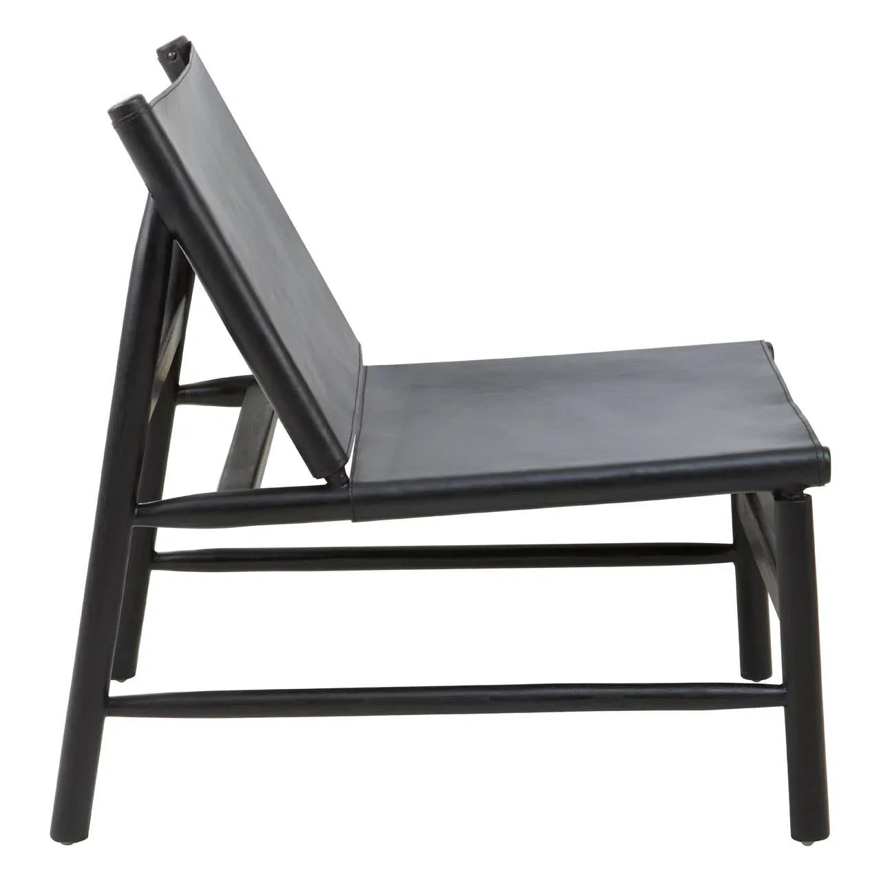 Black leather lounge chair with angled backrest and wooden frame, side profile view