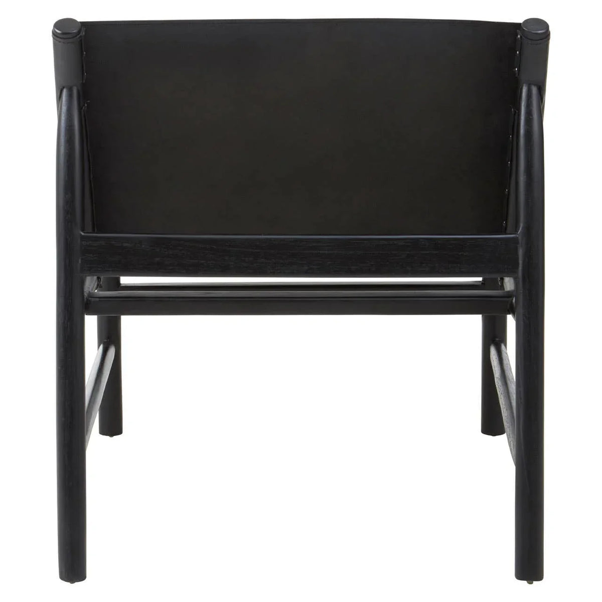 Black wooden accent chair with leather backrest, rear view