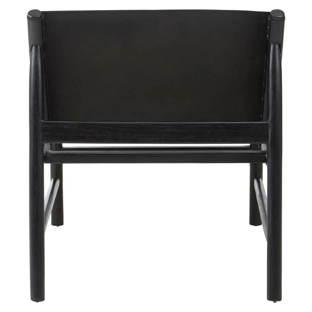 Black wooden accent chair with leather backrest, rear view