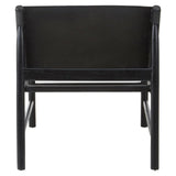 Black wooden accent chair with leather backrest, rear view