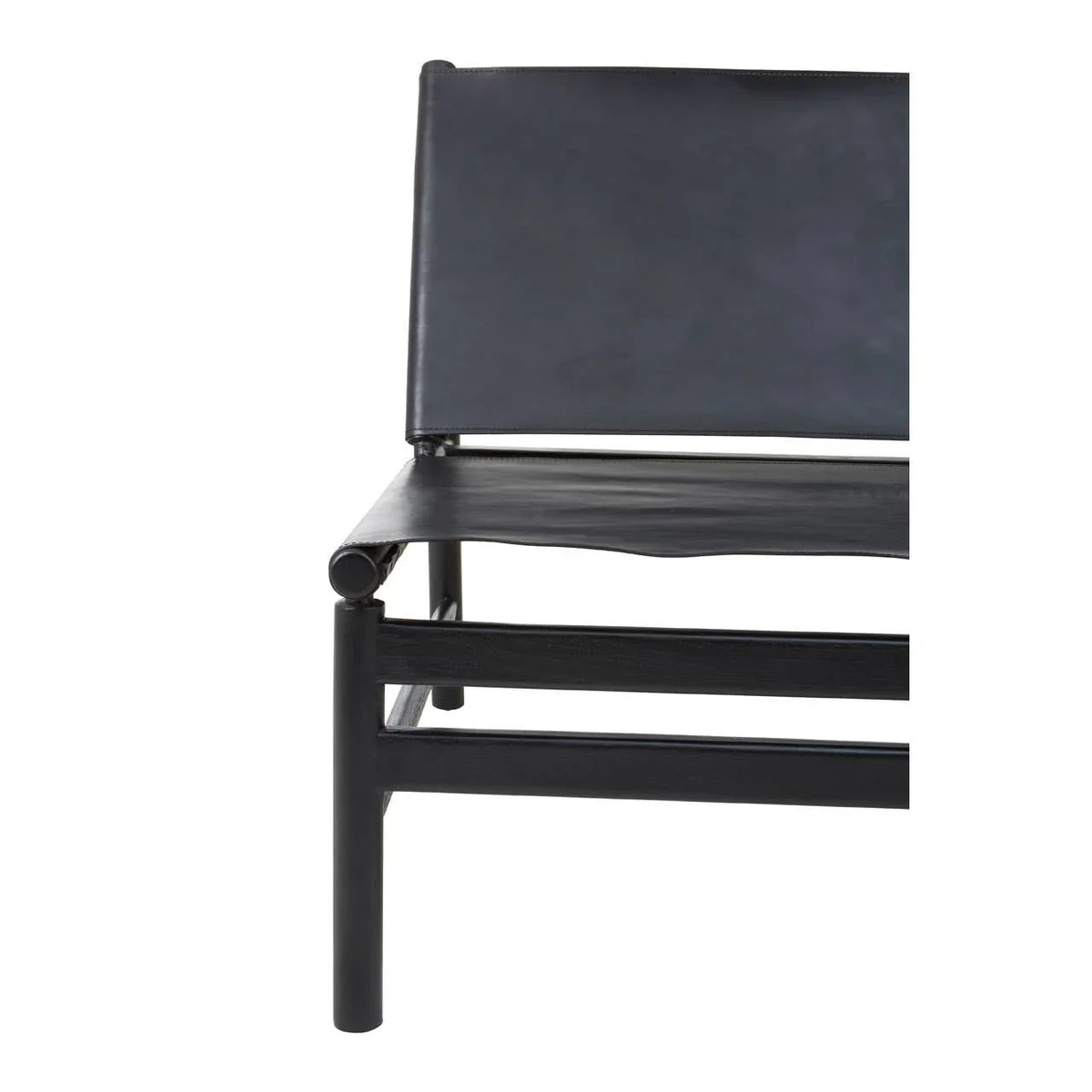 Black leather accent chair with minimalist metal frame, close side view
