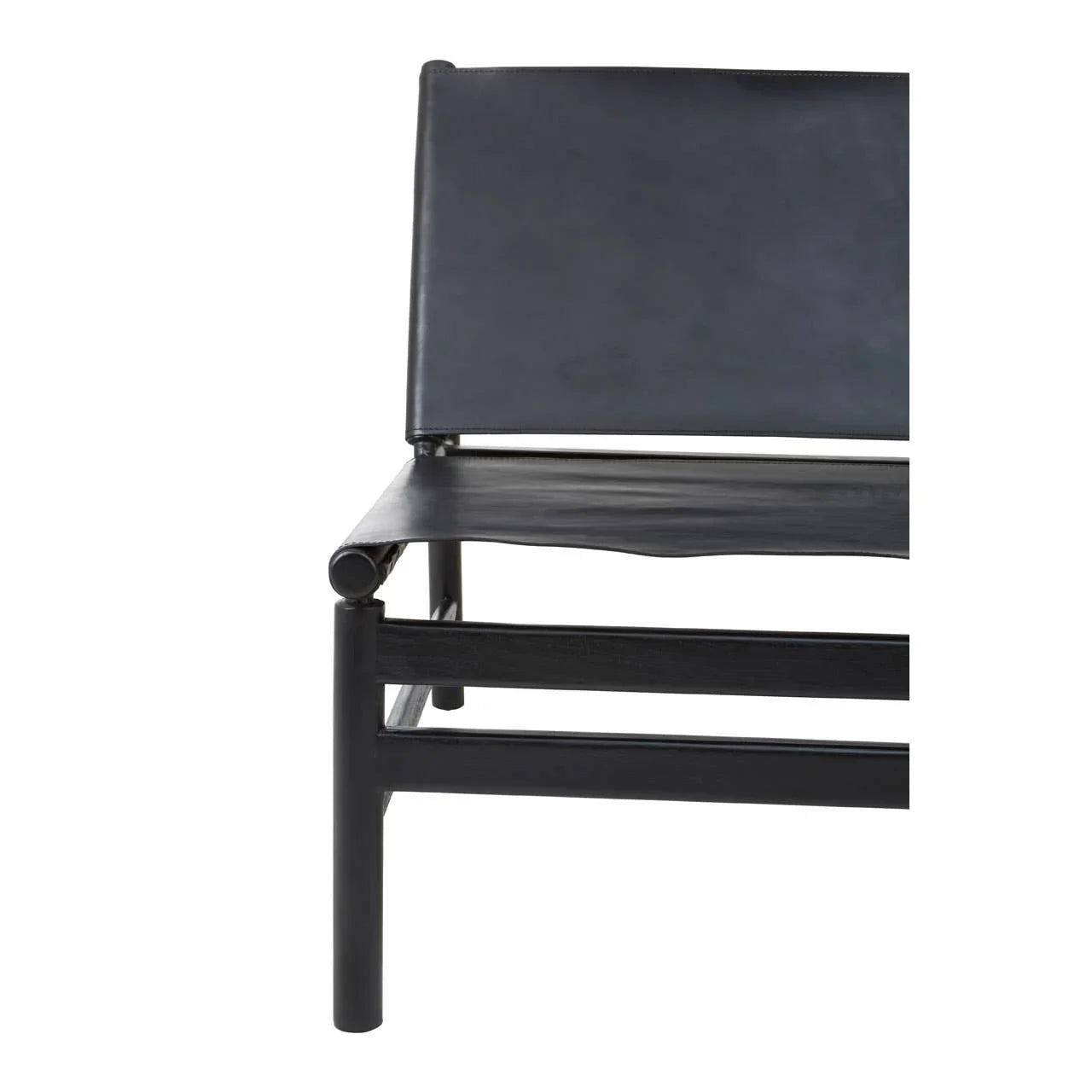 Black leather accent chair with minimalist metal frame, close side view