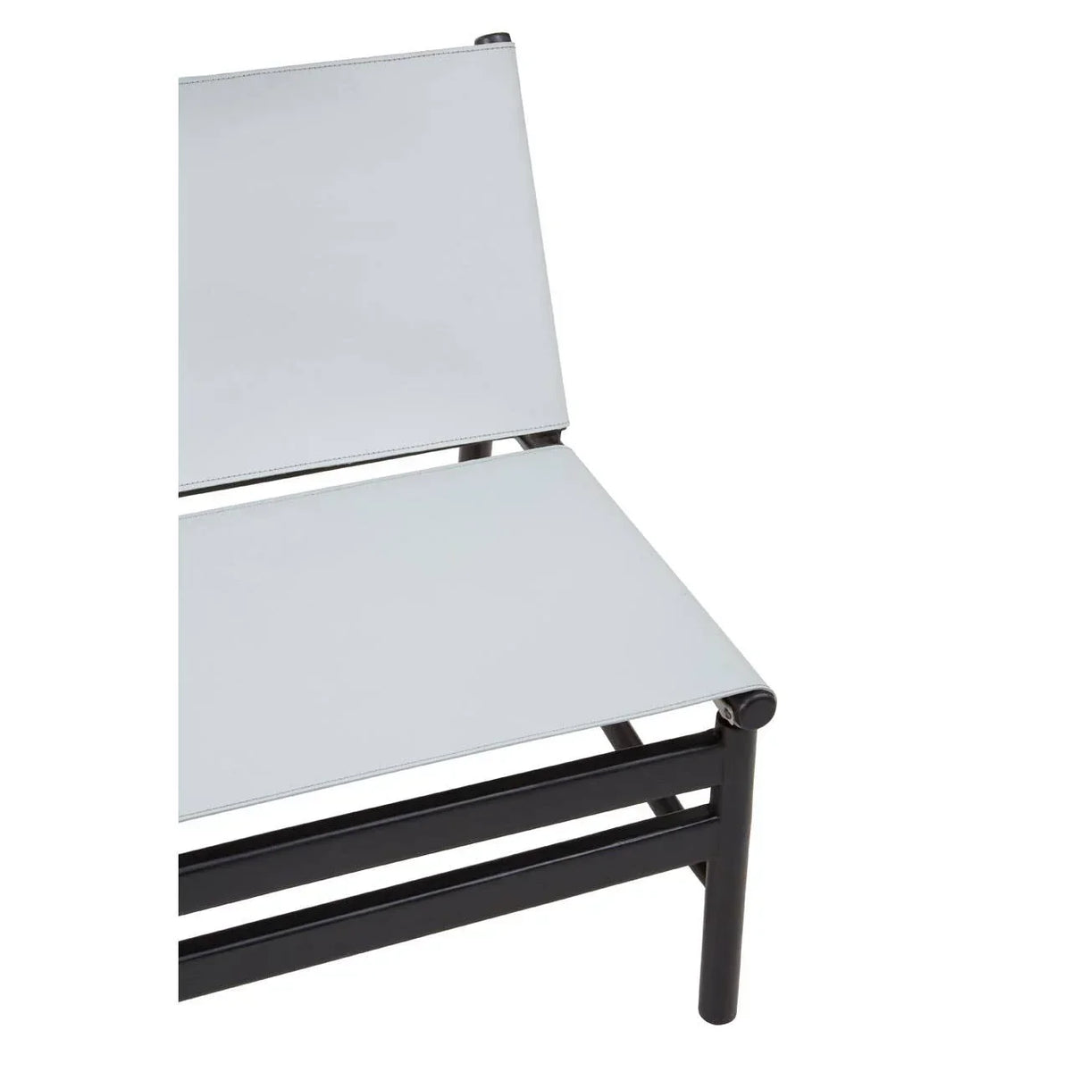 Close-up of modern outdoor chair with black metal frame and light grey seat and backrest