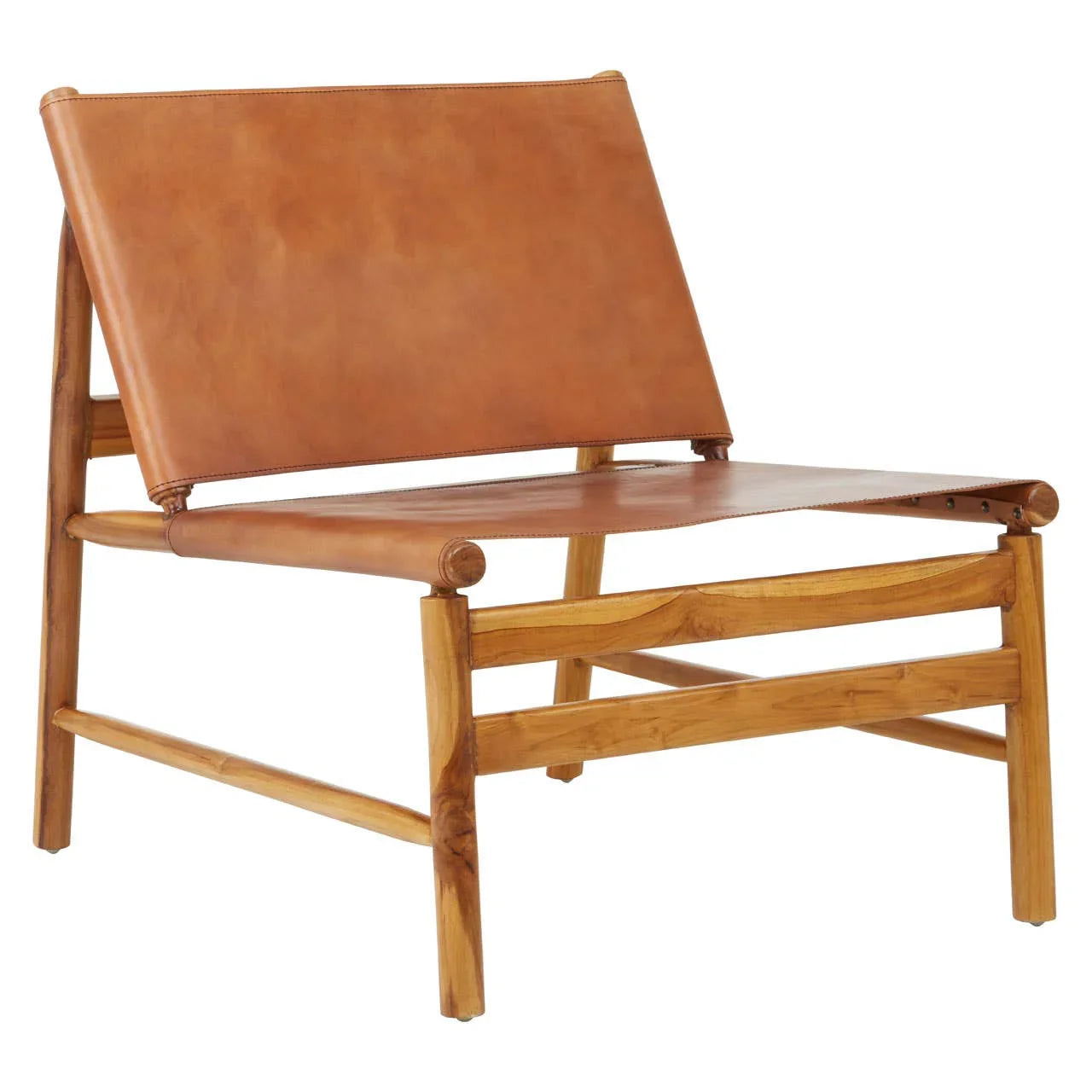Tan leather lounge chair with wooden frame, angled side view highlighting seat and backrest