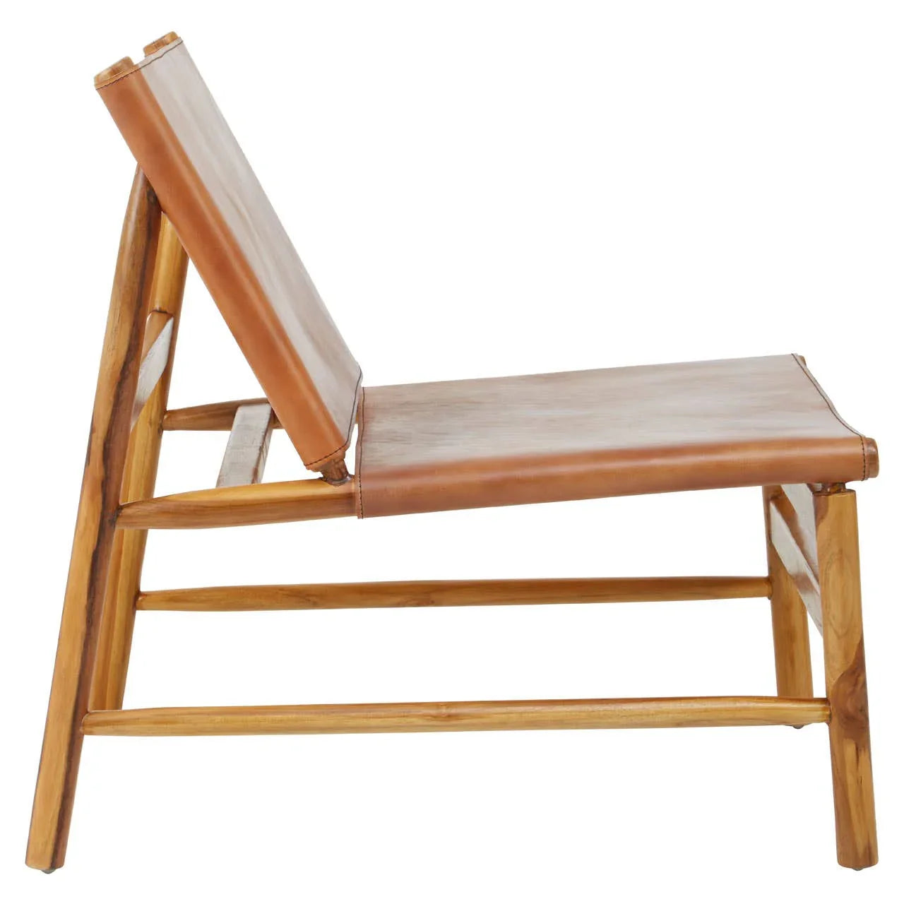 Side view of a brown leather lounge chair with wooden frame