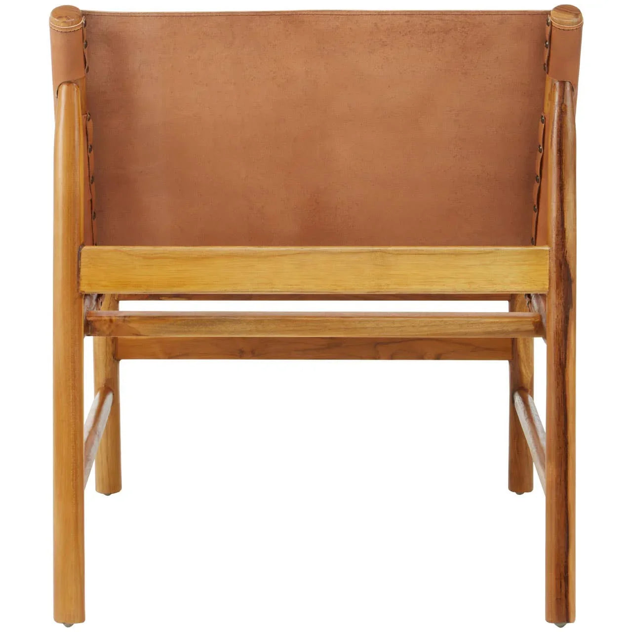 Rear view of wooden armchair with tan leather backrest and natural wood frame