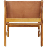 Rear view of wooden armchair with tan leather backrest and natural wood frame