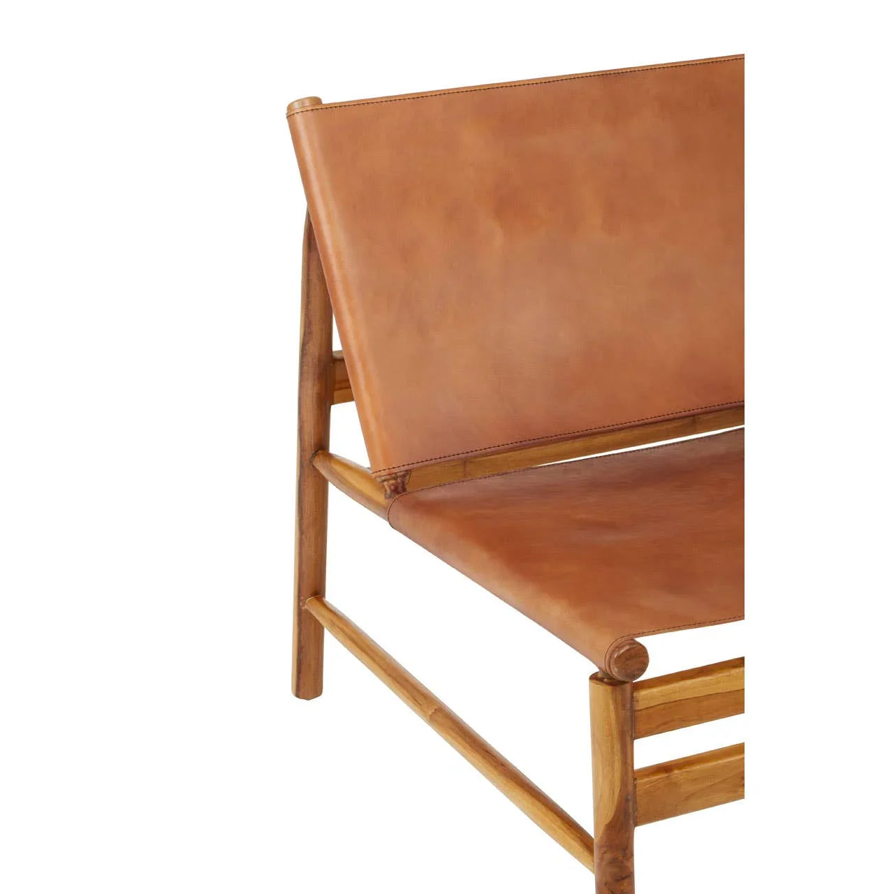 Tan leather dining chair with wooden frame, close-up of seat and angled backrest