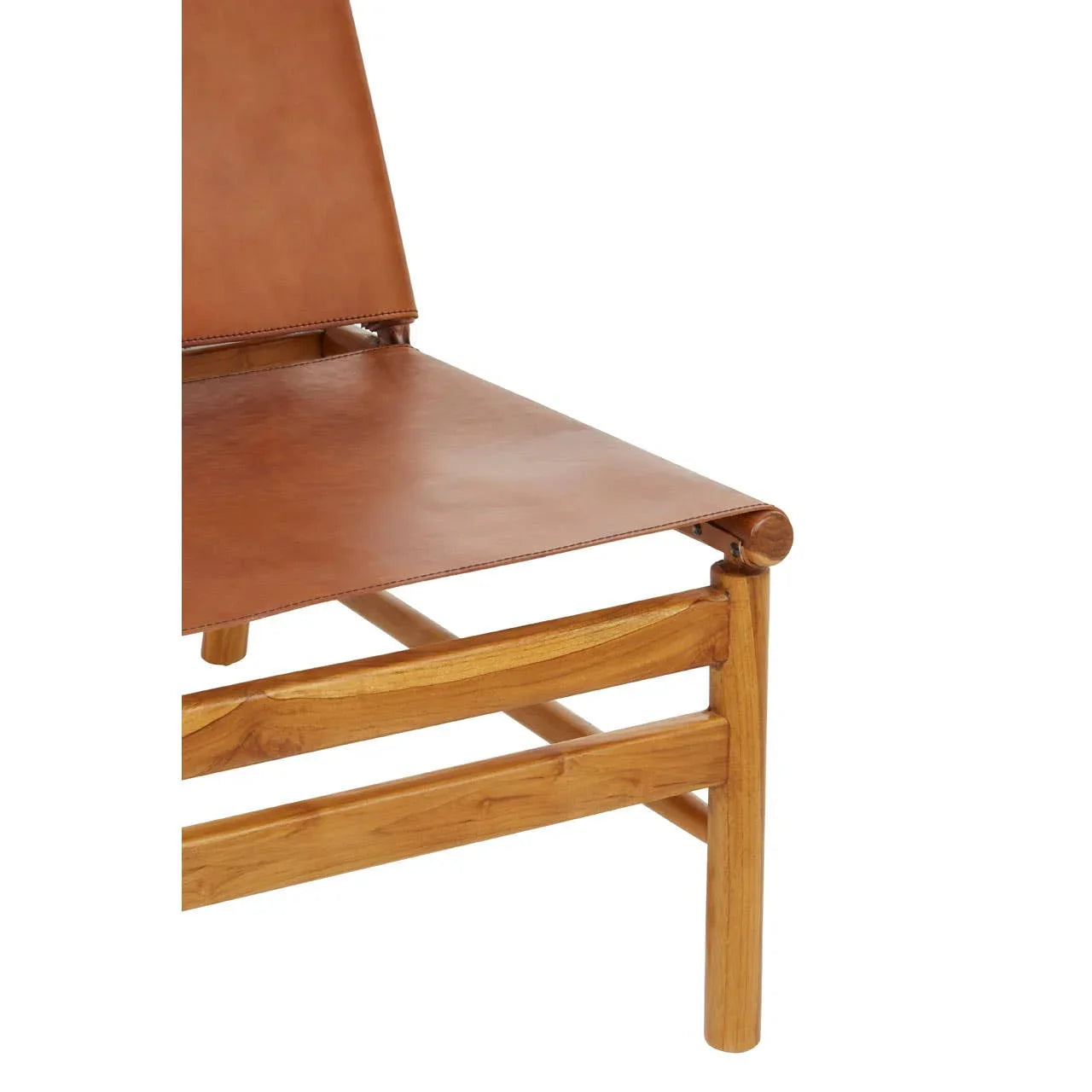 Close up of wooden chair frame with tan leather seat and backrest