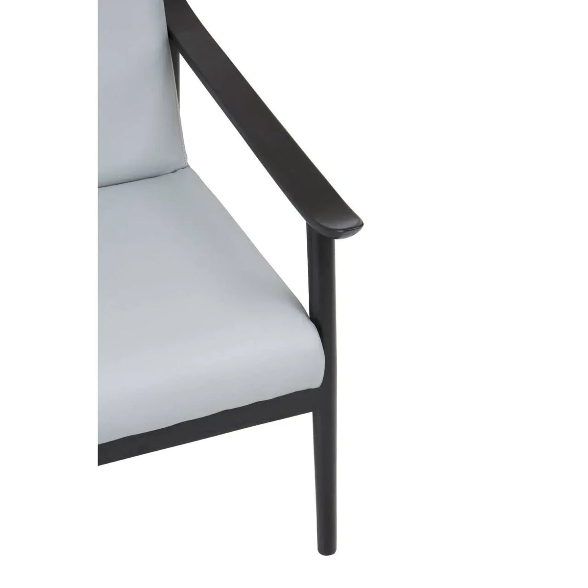 Close up of grey cushioned chair seat with black wooden armrest and leg
