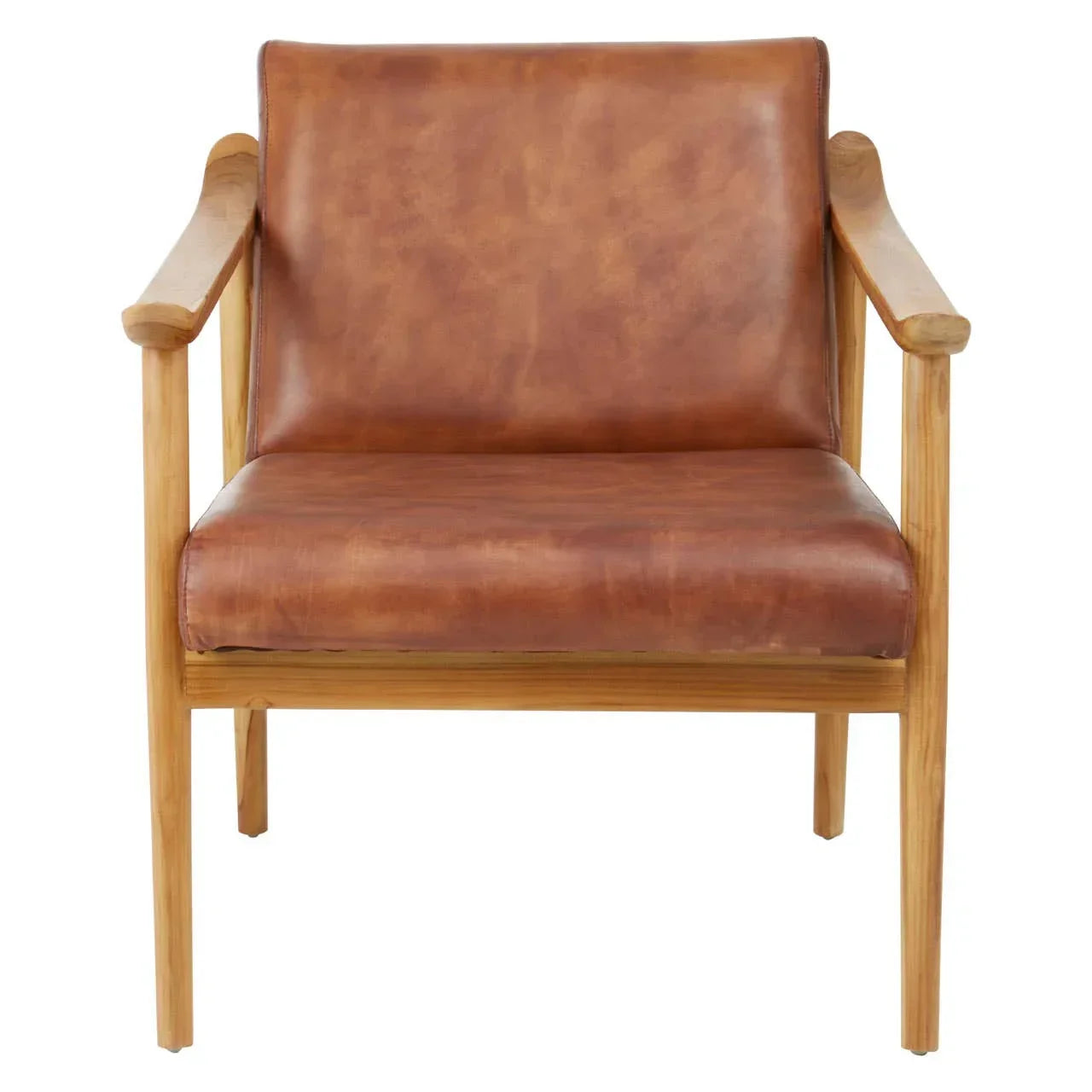 Brown leather armchair with wooden frame and arms, front view