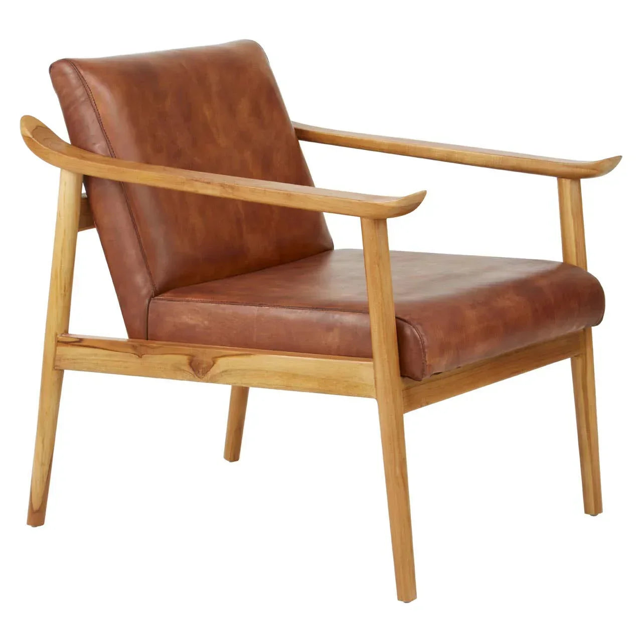 Brown leather accent chair with wooden frame and angled arms, side view