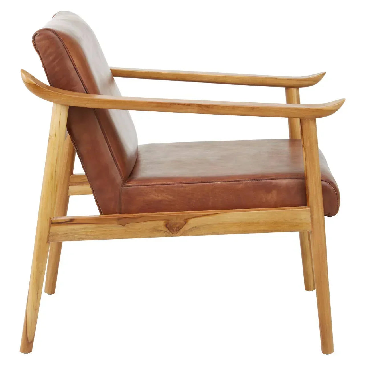 Side view of armchair with tan leather seat and wooden frame