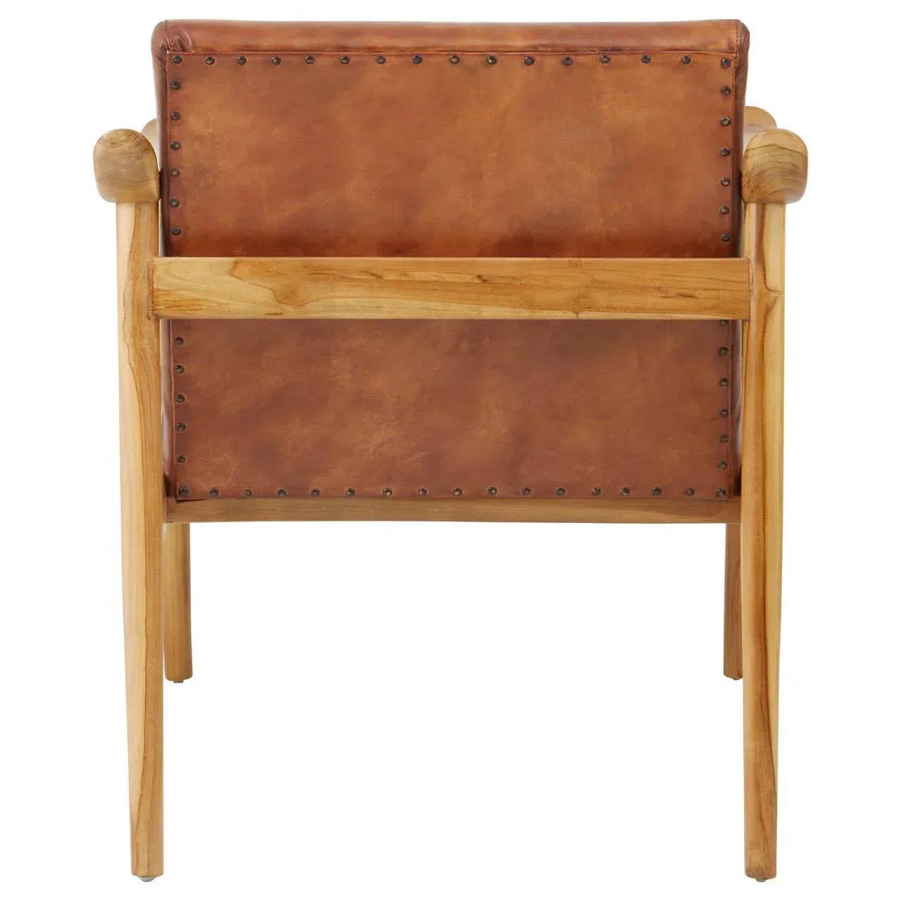 Back view of tan leather accent chair with nailhead trim and solid wood frame