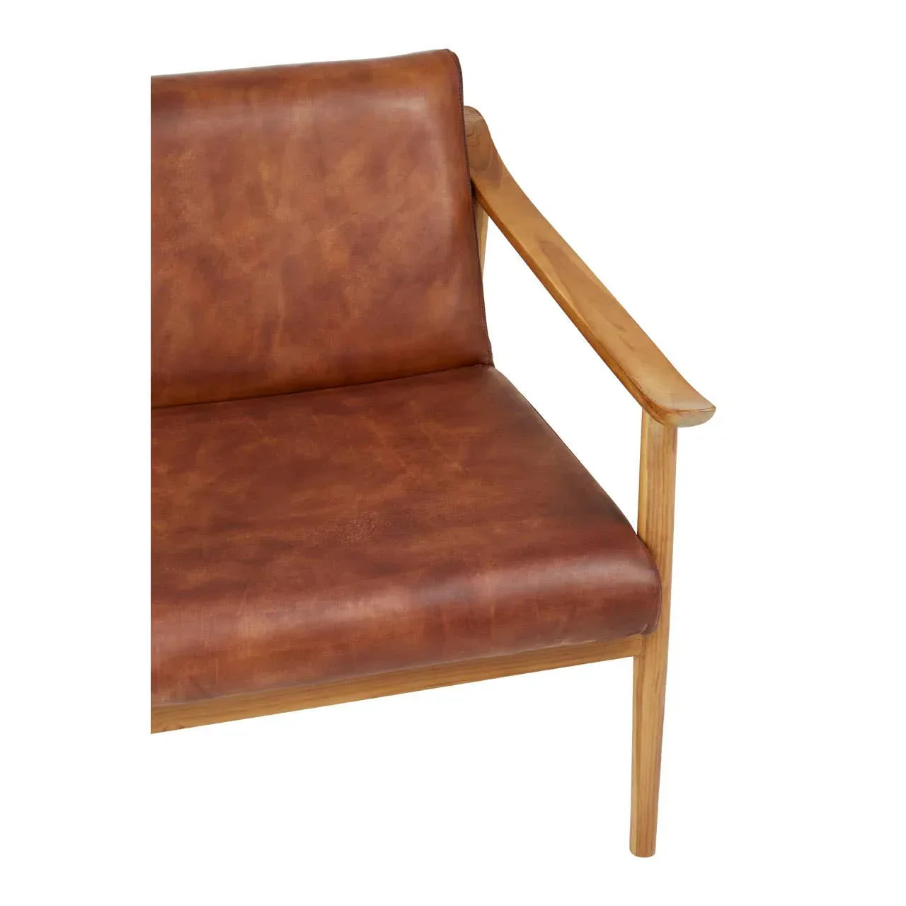 Brown leather armchair seat with wooden frame and armrest, partial close-up view