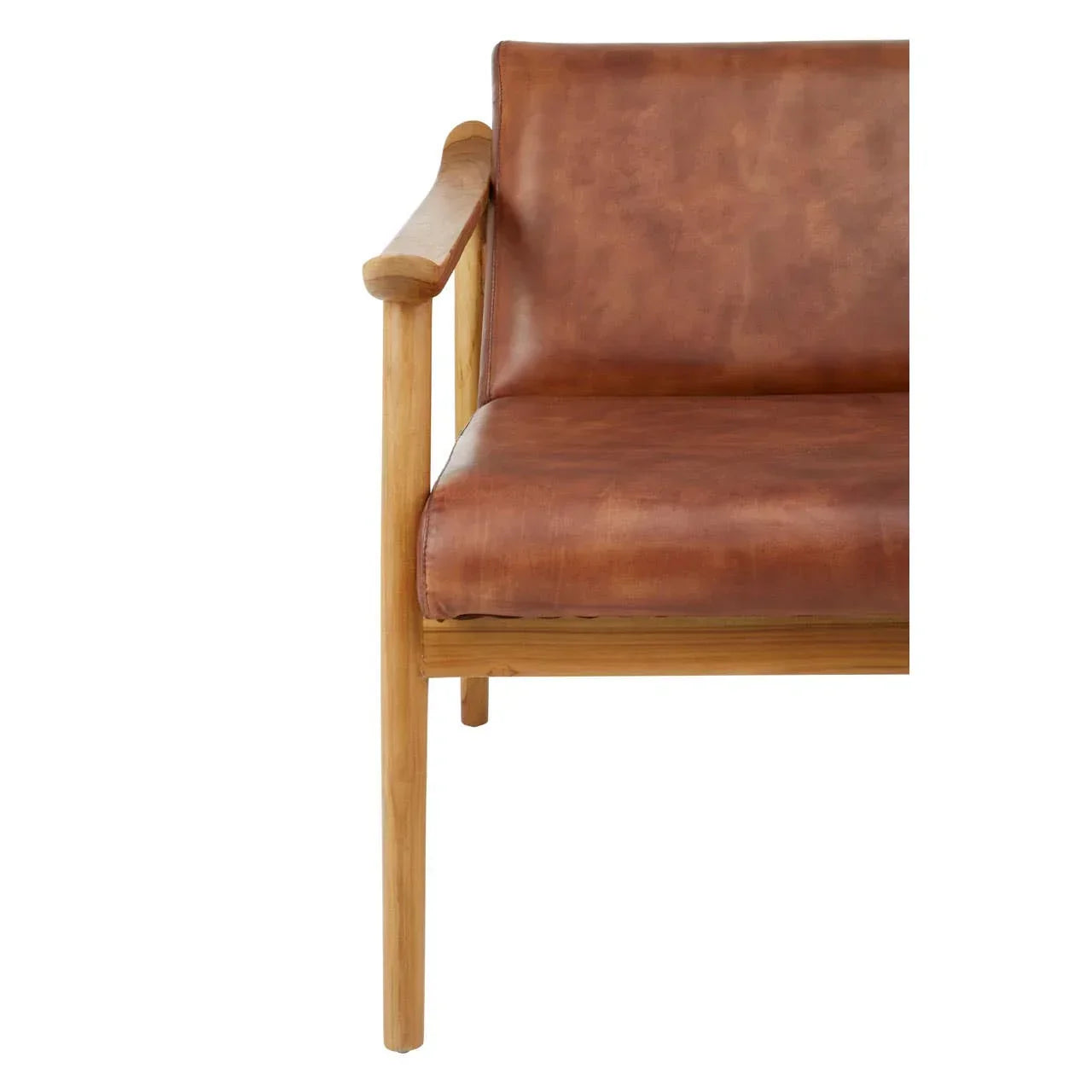 Brown leather armchair with wooden frame, close view of seat and armrest