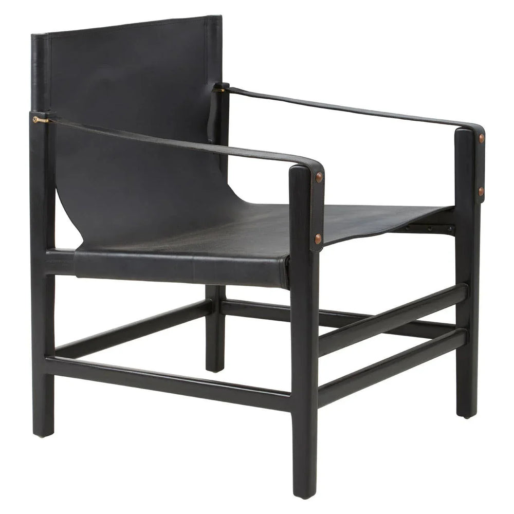 Black leather accent chair with open frame and sling seat, front angled view