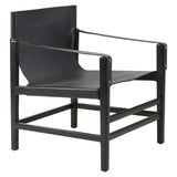 Black leather accent chair with open frame and sling seat, front angled view