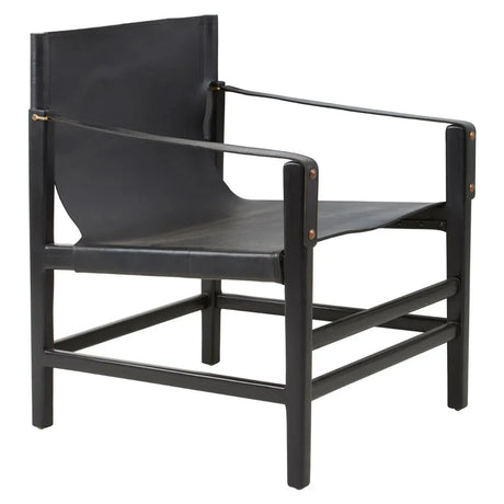 Black leather accent chair with open frame and sling seat, front angled view