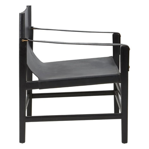 Black leather lounge chair with minimalist wooden frame and narrow armrests, side view