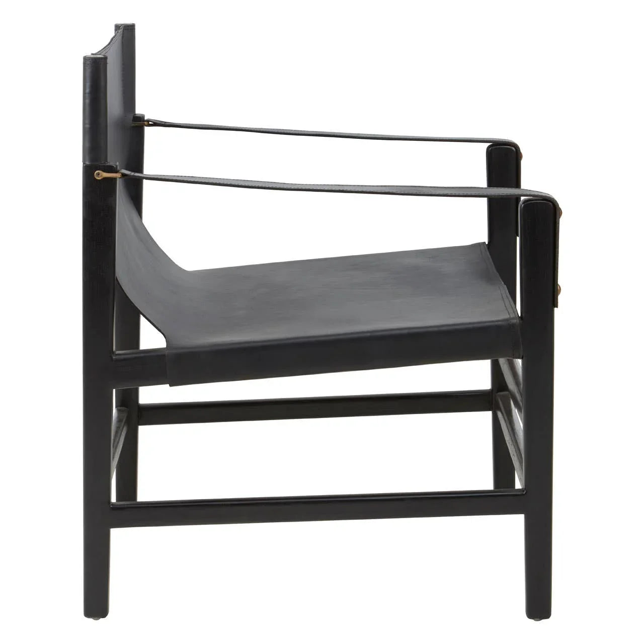 Black leather lounge chair with minimalist wooden frame and narrow armrests, side view