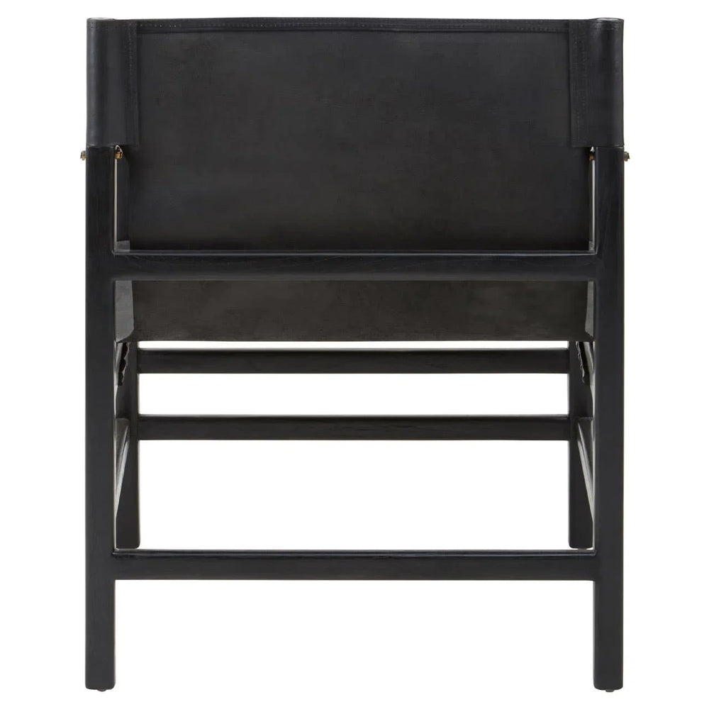 Rear view of black wooden dining chair with leather backrest and straight legs