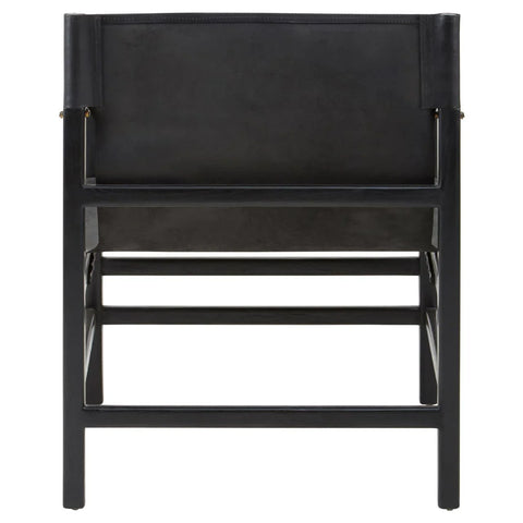 Rear view of black wooden dining chair with leather backrest and straight legs