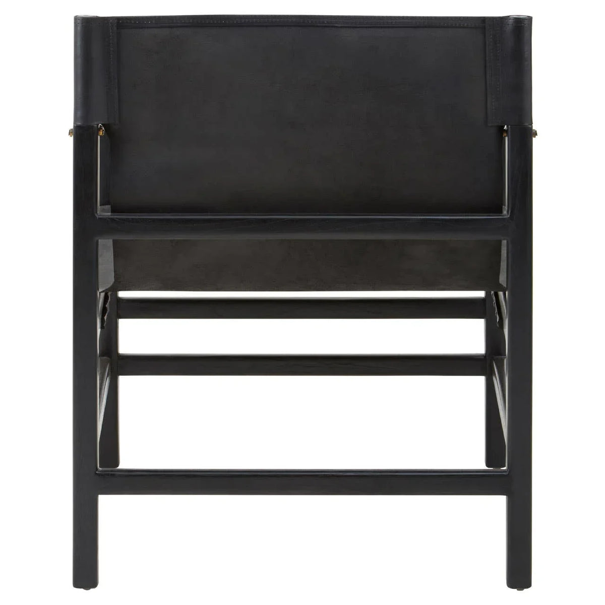 Rear view of black wooden dining chair with leather backrest and straight legs