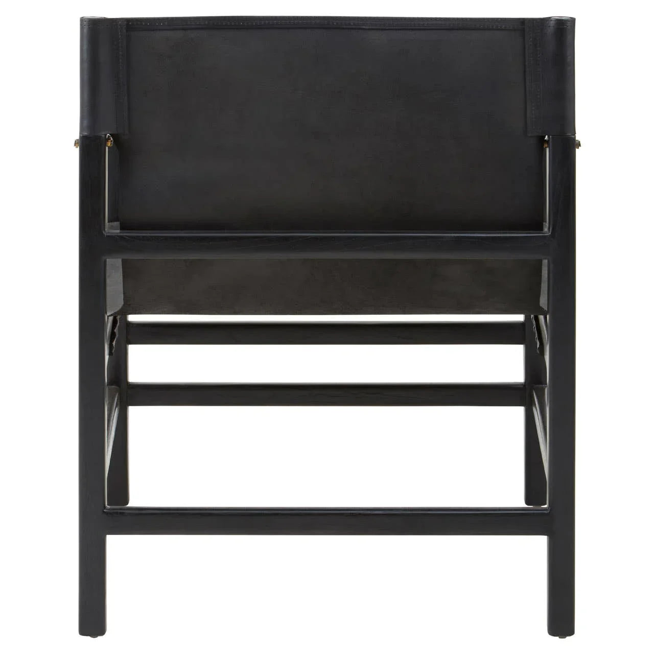Rear view of black wooden dining chair with leather backrest and straight legs