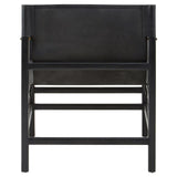 Rear view of black wooden dining chair with leather backrest and straight legs