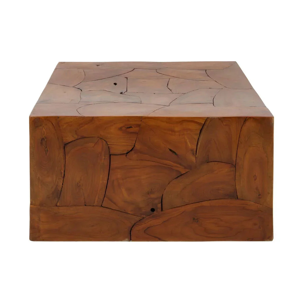 Square coffee table with natural teak wood block design and visible grain patterns