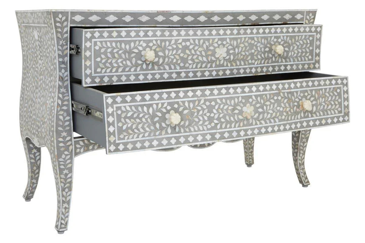 Grey bone inlay chest of drawers with floral pattern and two open drawers