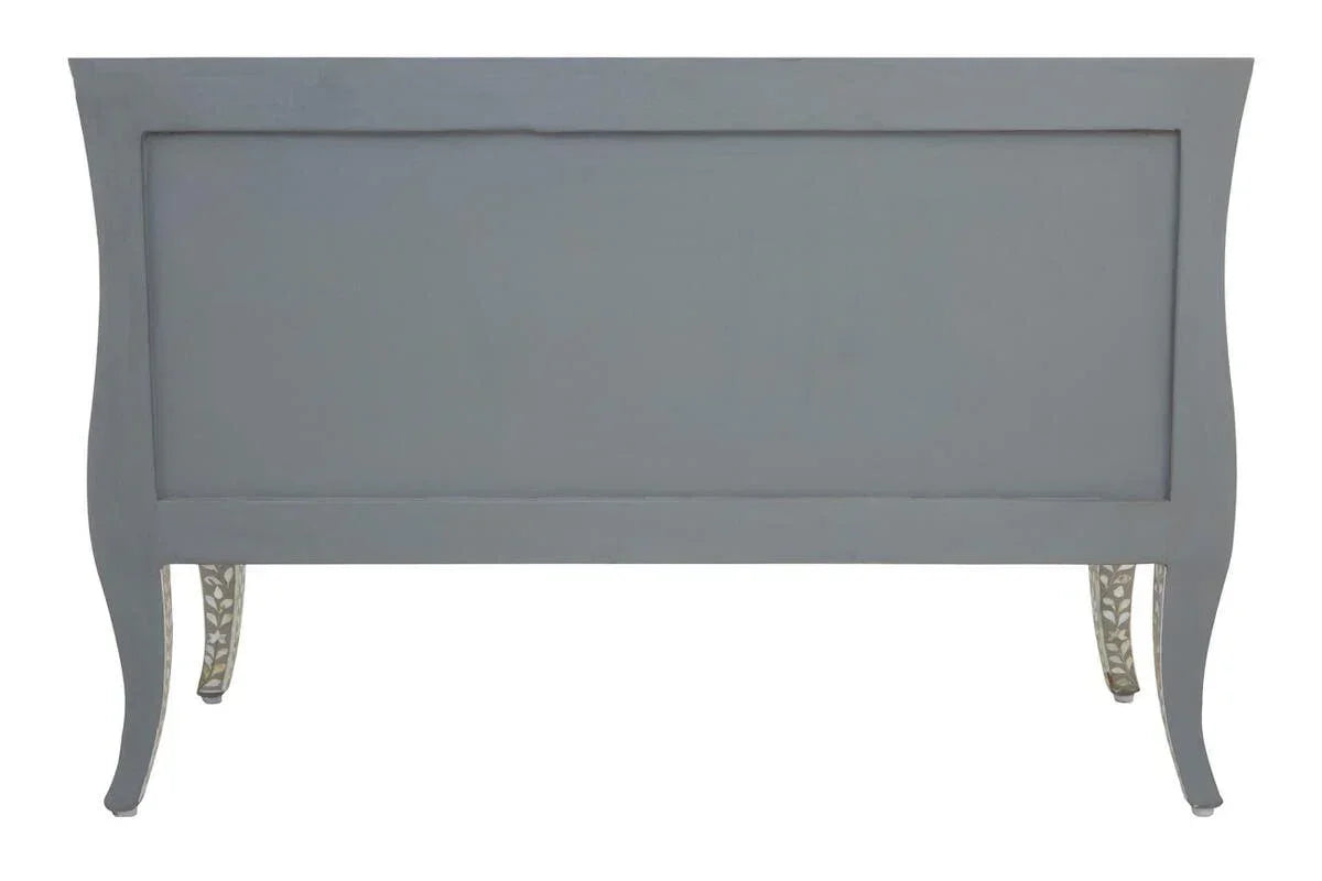 Grey wooden bed frame with curved legs and decorative carved detailing, rear view