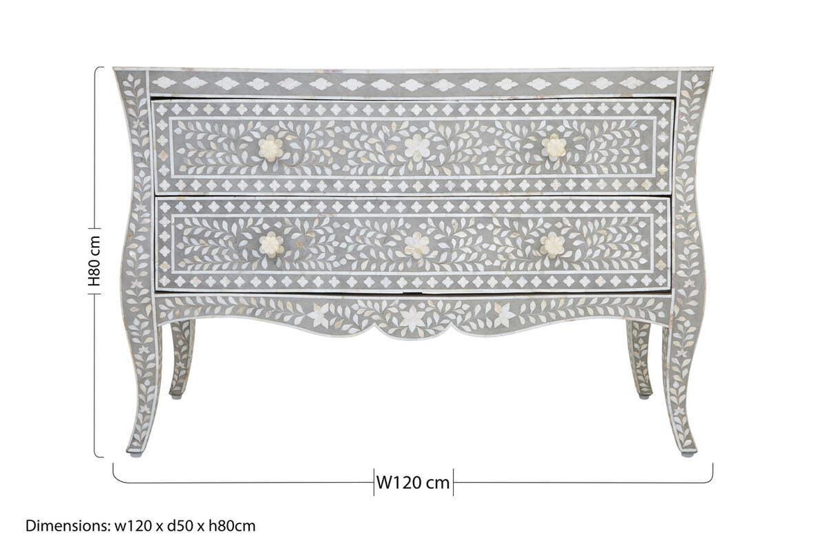 Grey bone inlay chest of drawers with floral pattern, curved legs, size w120 x d50 x h80cm