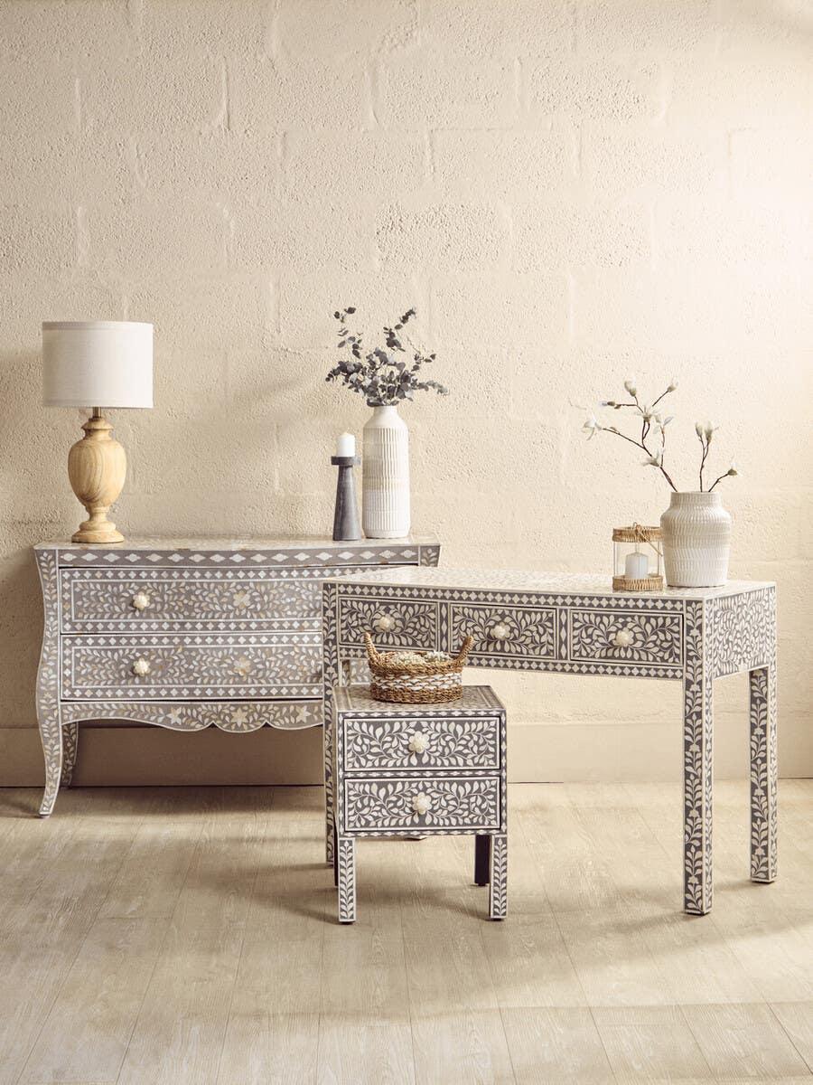 bone inlay furniture set with floral patterns, including sideboard, desk and bedside table