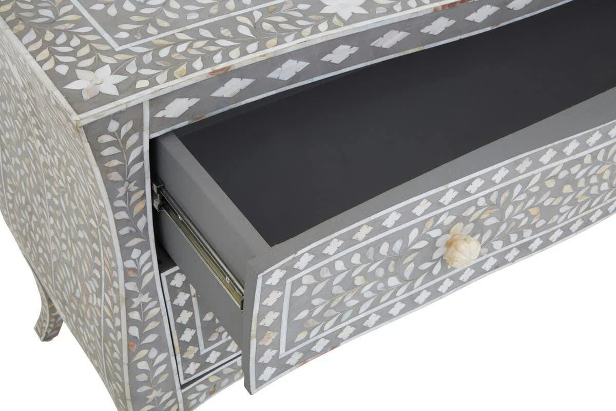 Grey floral inlay chest of drawers with open drawer and decorative bone handle