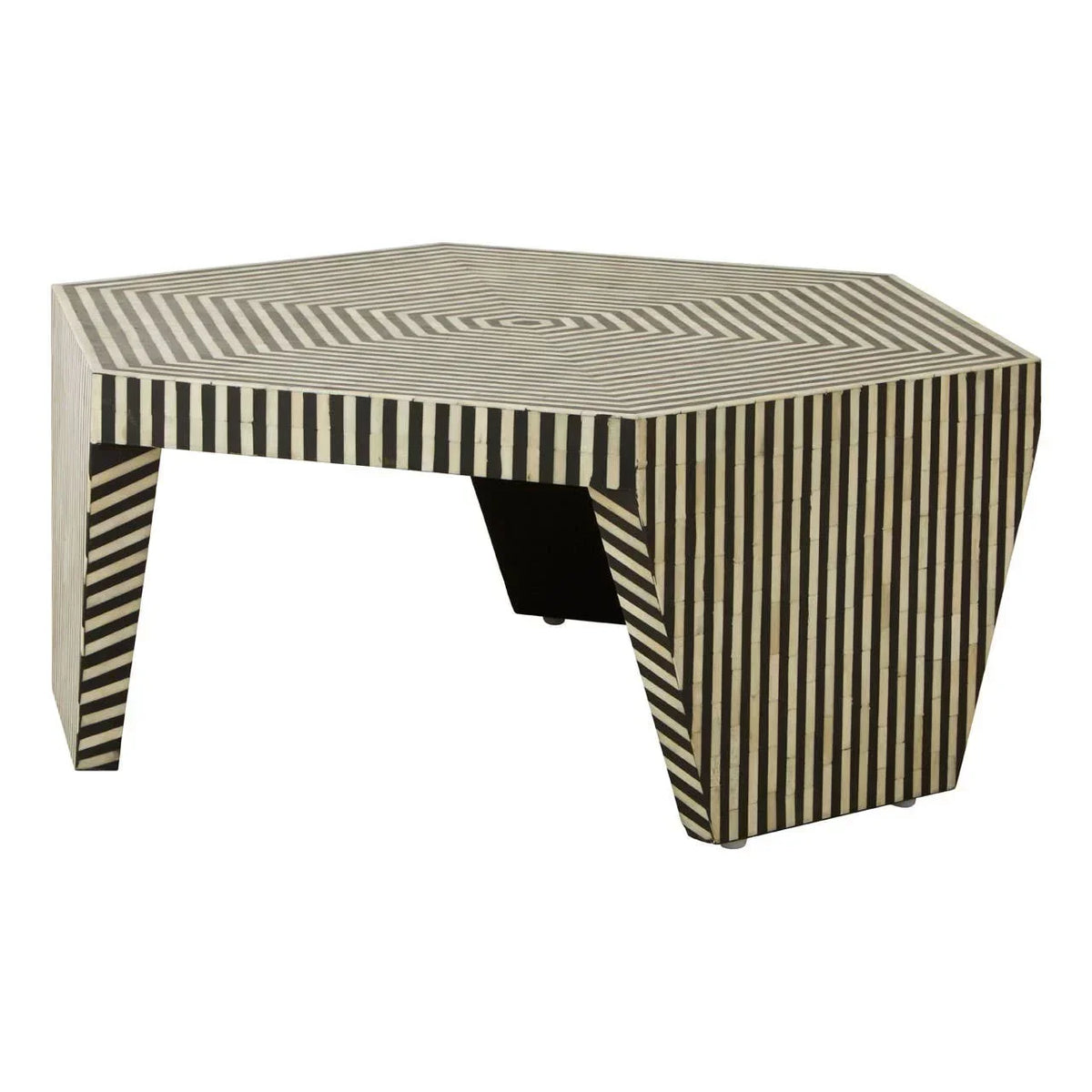 Black and white striped pentagon coffee table with geometric bone inlay pattern